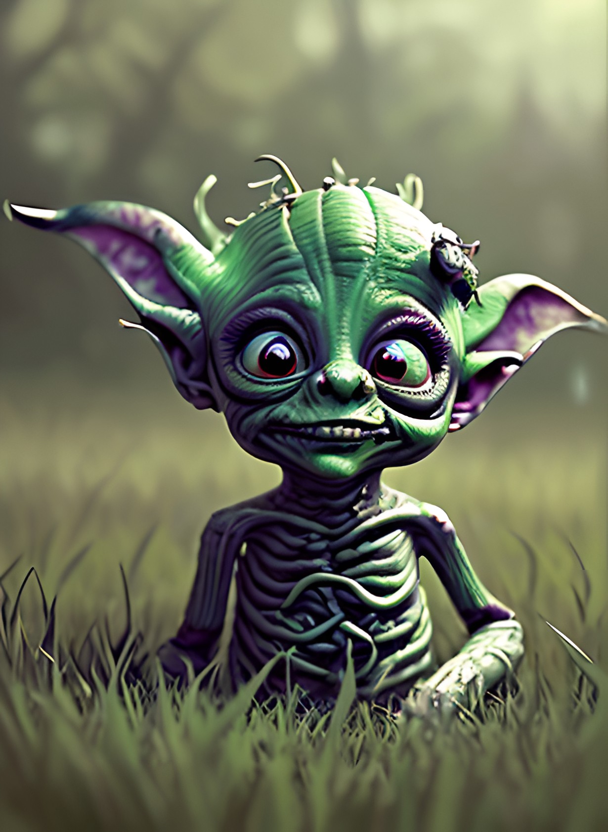 a creepy little goblin in grass, intricate details a_creepy_little_goblin_in_grass,_intricate_details