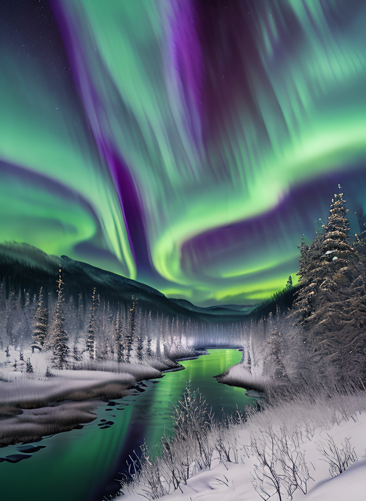 photo of beautiful northern lights, award winning shot, realistic intricate details, snowy forest and river and fog, water reflections photo_of_beautiful_northern_lights,_award_winning_shot,_realistic_intricate_details,_snowy_forest_and_river_and_fog,_water_reflections