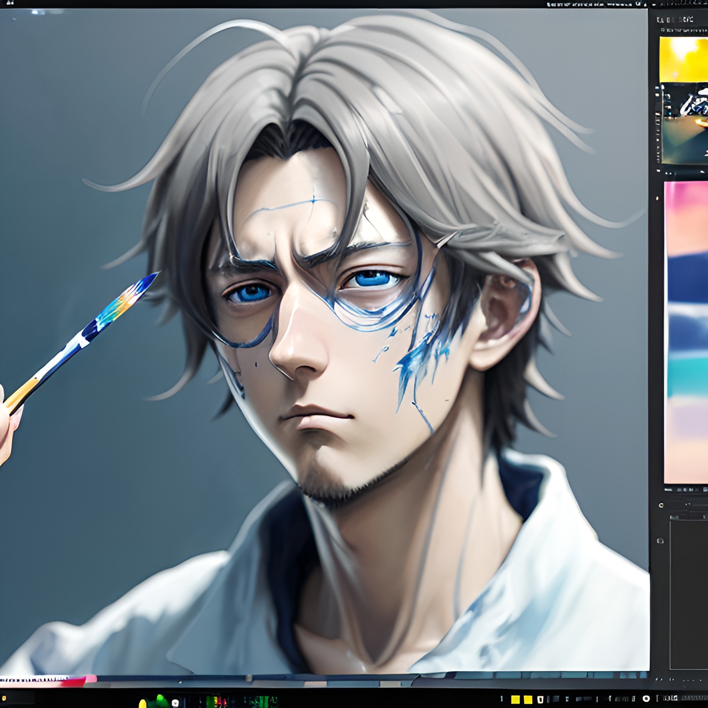 an anime guy with dark hairs painting a picture, anime drawing, intricate details, award winning painting an_anime_guy_with_dark_hairs_painting_a_picture,_anime_drawing,_intricate_details,_award_winning_painting