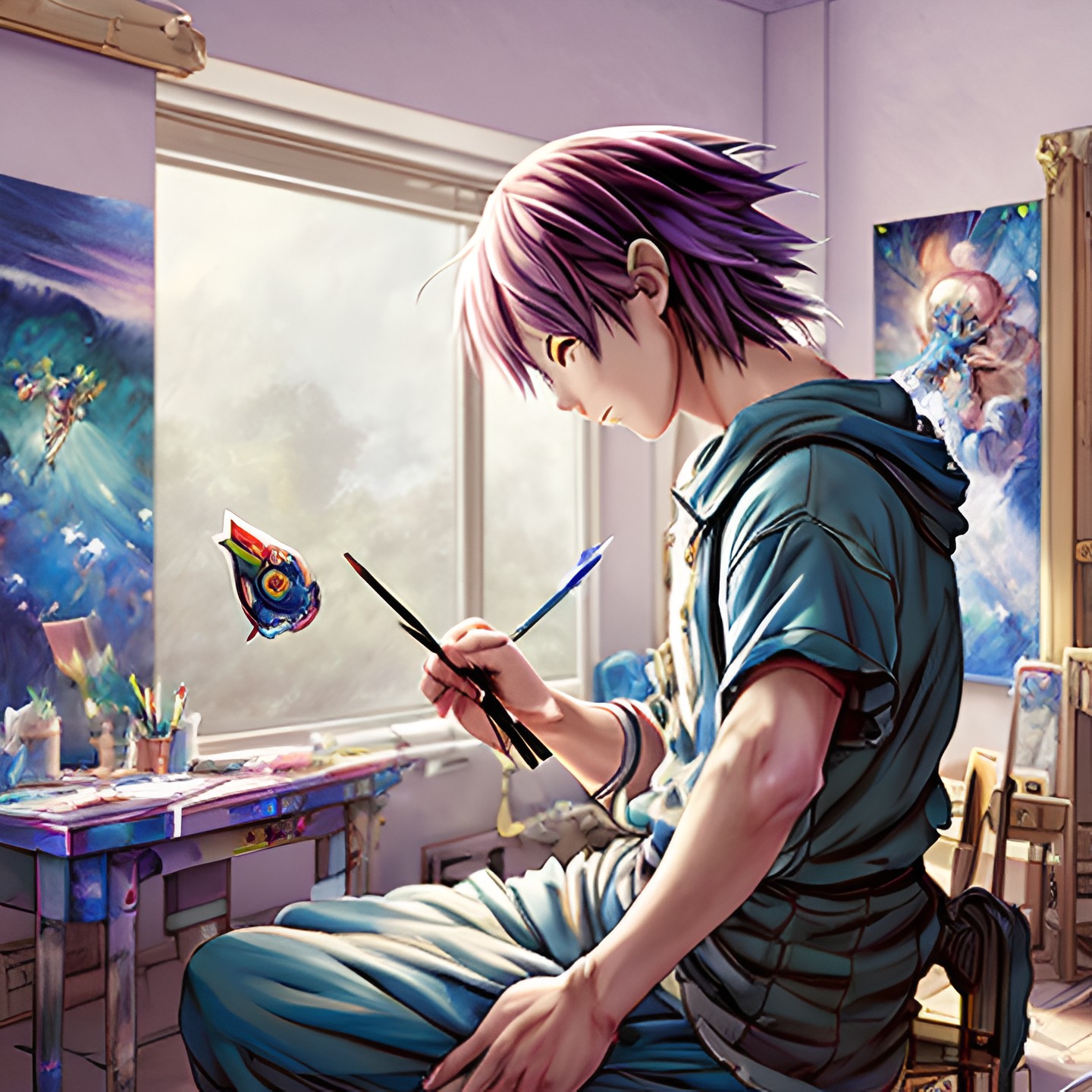 an anime guy painting in his room, anime drawing, intricate details, award winning painting an_anime_guy_painting_in_his_room,_anime_drawing,_intricate_details,_award_winning_painting