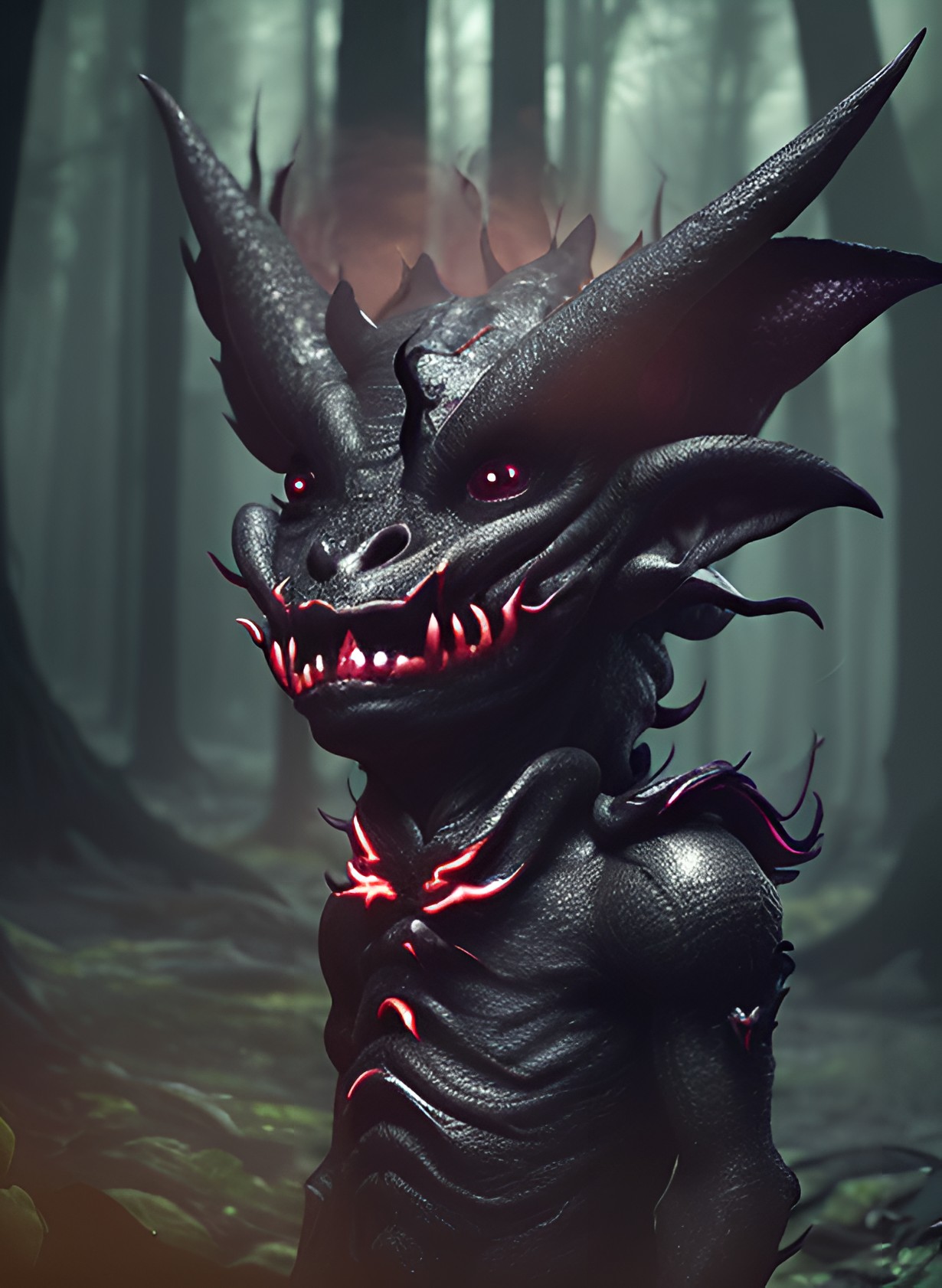 a dark little whimsical demon creature, in a forest a_dark_little_whimsical_demon_creature,_in_a_forest