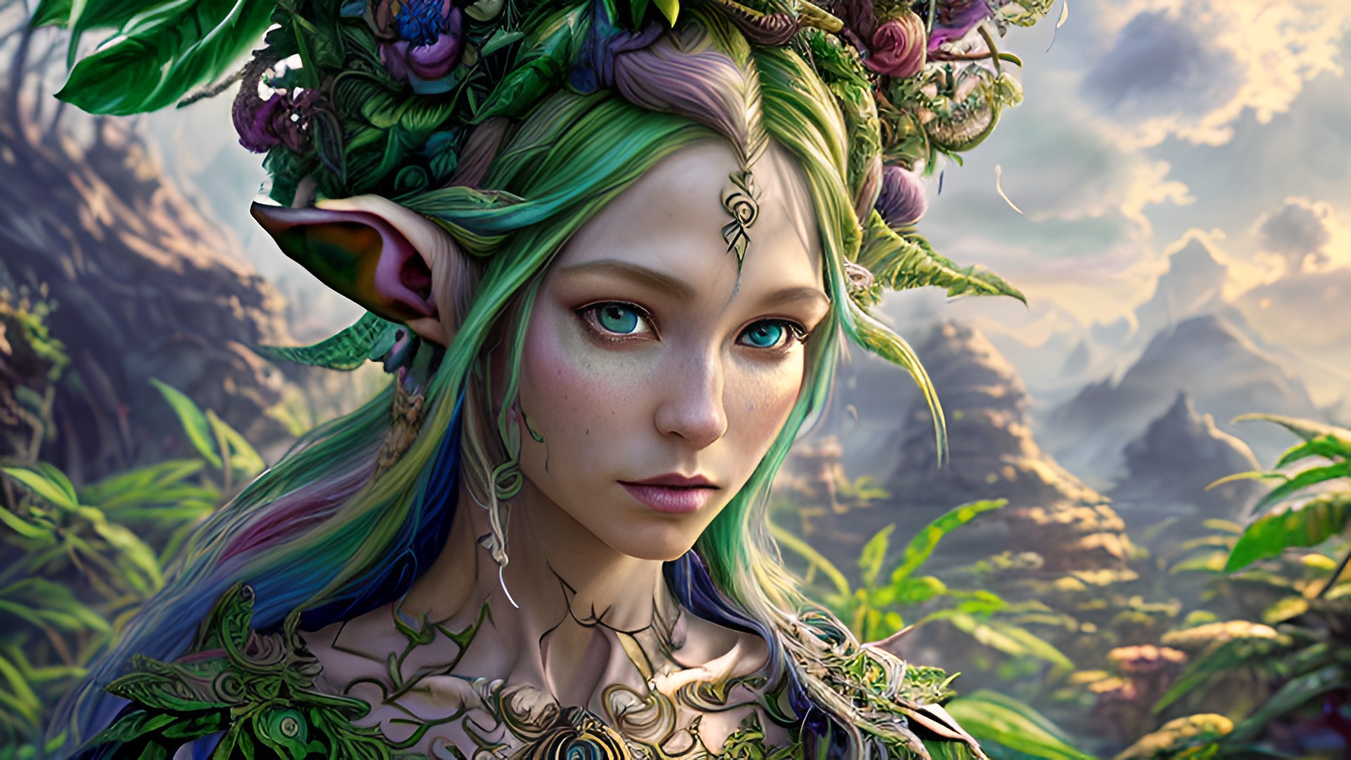 award winning painting colorful portrait of an elf in a fantasy jungle, 360cam, intricate realistic details, amazing clouds award_winning_painting_colorful_portrait_of_an_elf_in_a_fantasy_jungle,_360cam,_intricate_realistic_details,_amazing_clouds