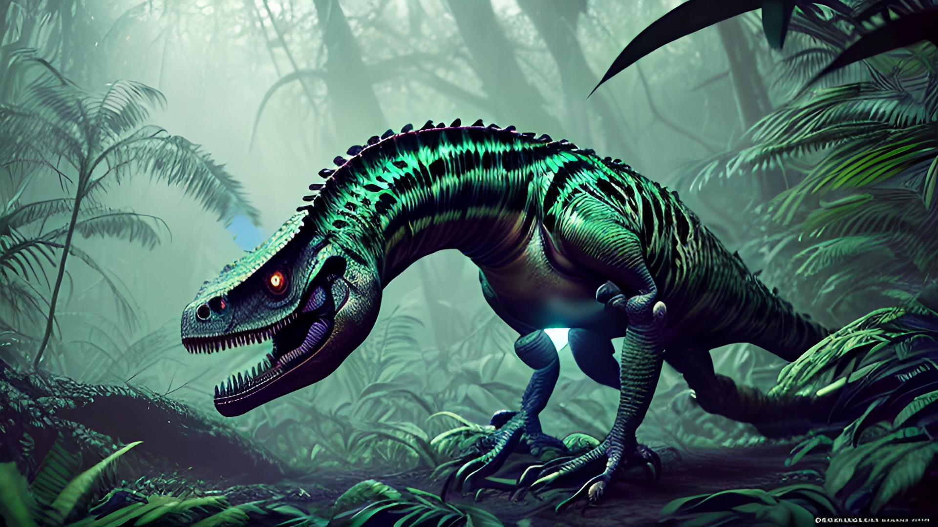 award winning photo of a mesmerizing creepy bird-looking dinosaur in a dark jungle, intricate realistic details award_winning_photo_of_a_mesmerizing_creepy_bird-looking_dinosaur_in_a_dark_jungle,_intricate_realistic_details