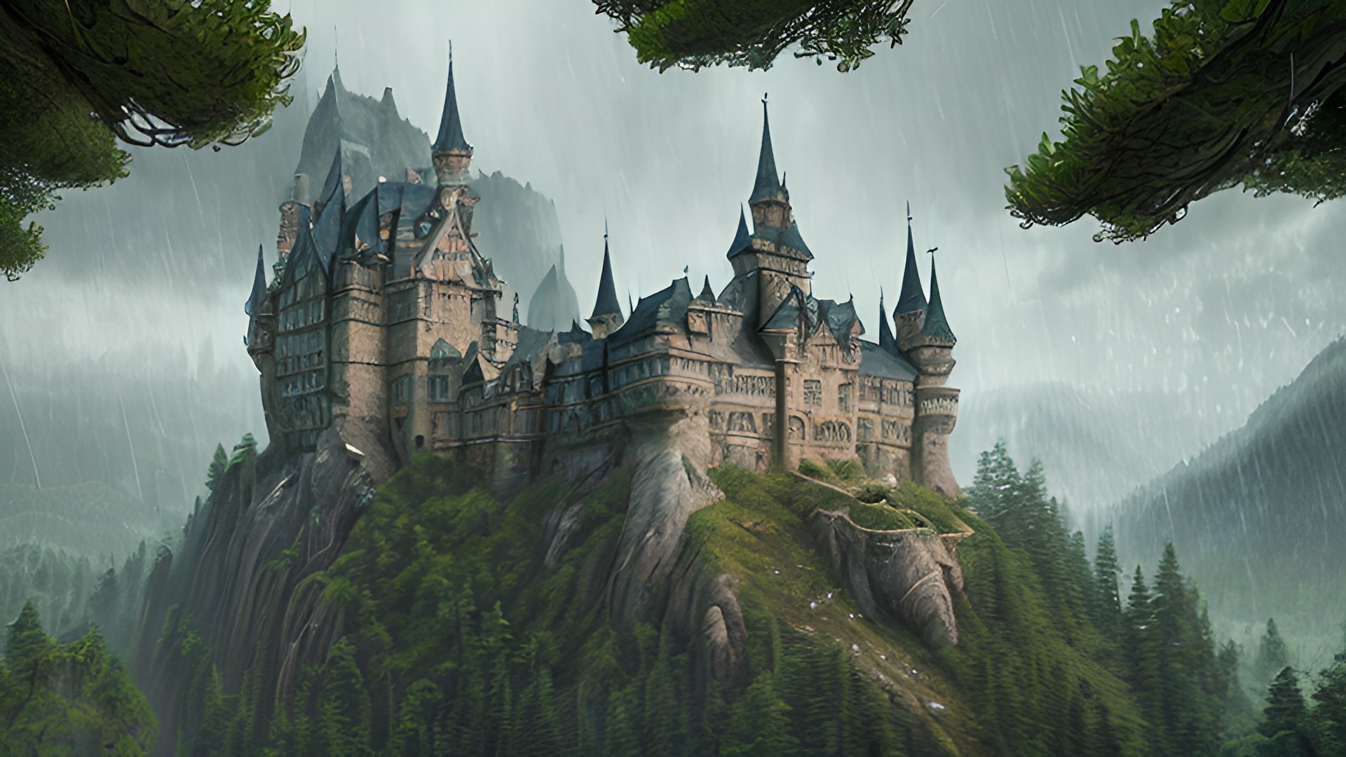 4k breathtaking painting of a castle with mountain forest, sad rain, intricate realistic details 4k_breathtaking_painting_of_a_castle_with_mountain_forest,_sad_rain,_intricate_realistic_details