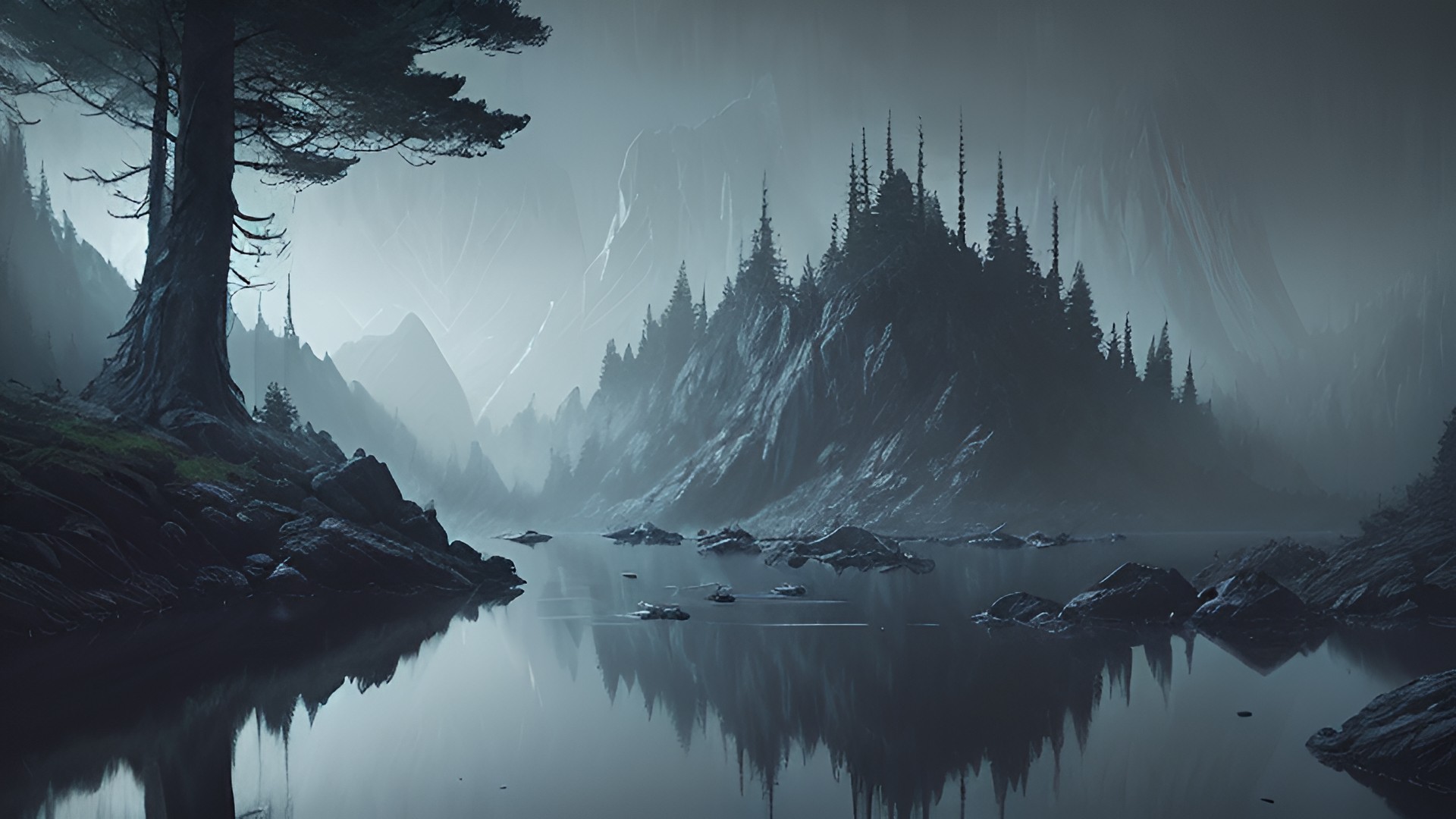 mountain forest, dark atmosphere mountain_forest,_dark_atmosphere