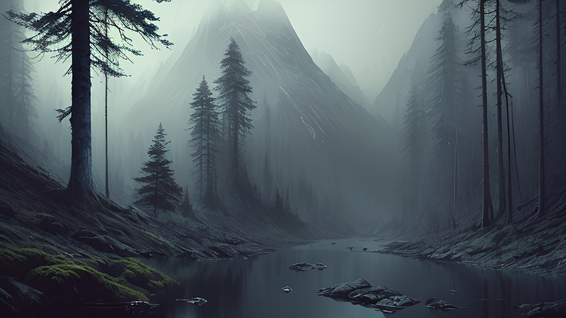 mountain forest, dark atmosphere mountain_forest,_dark_atmosphere