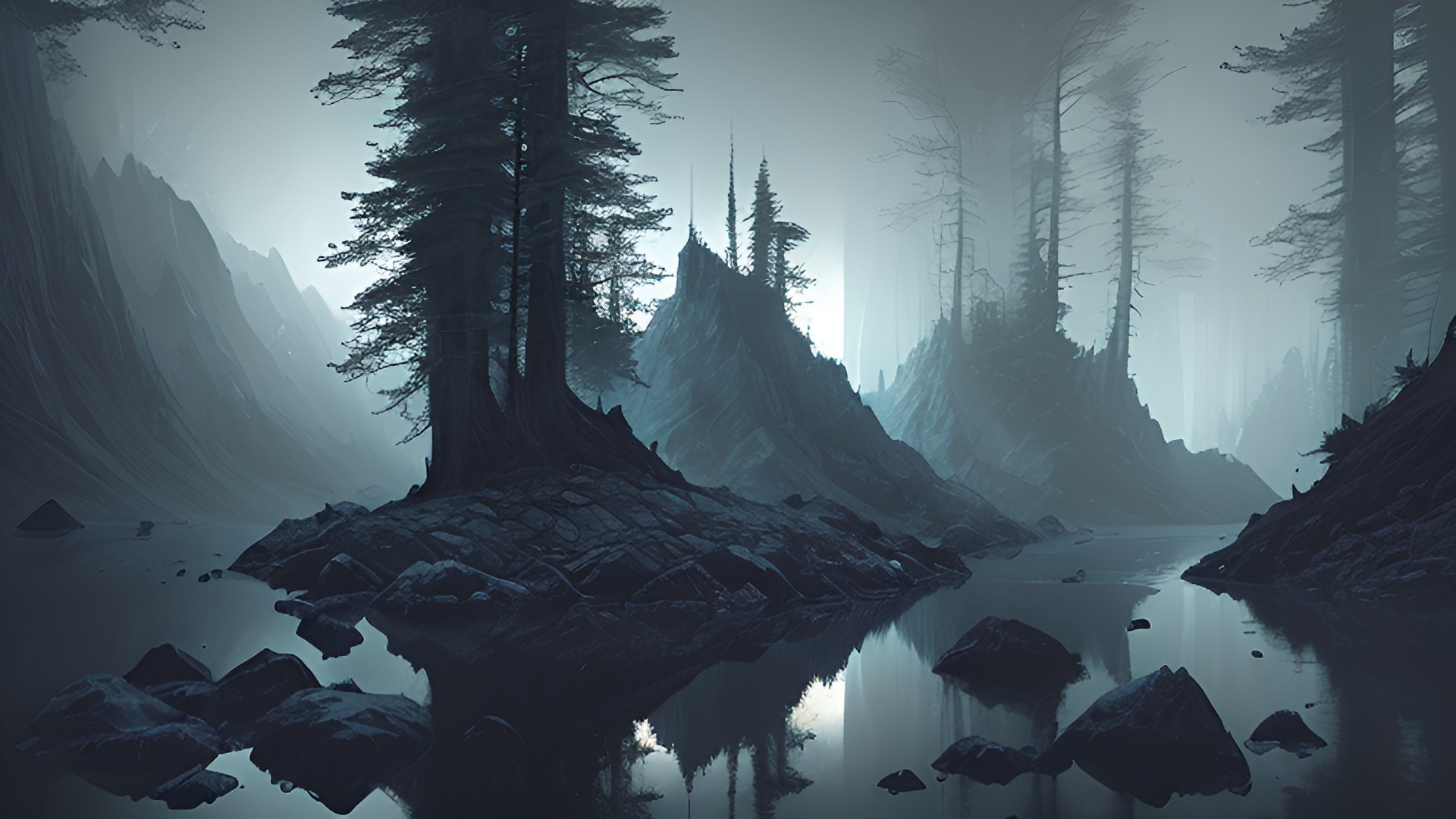 mountain forest, dark atmosphere mountain_forest,_dark_atmosphere