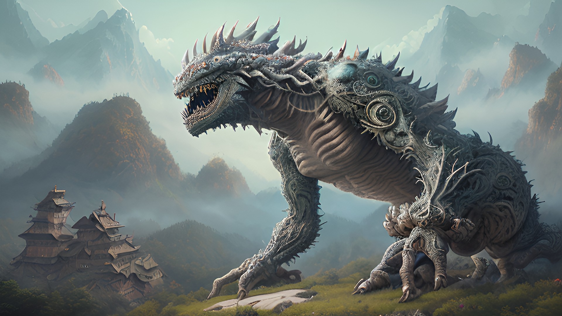 breathtaking painting of a gigantic whimsical monster in mountains, intricate details breathtaking_painting_of_a_gigantic_whimsical_monster_in_mountains,_intricate_details