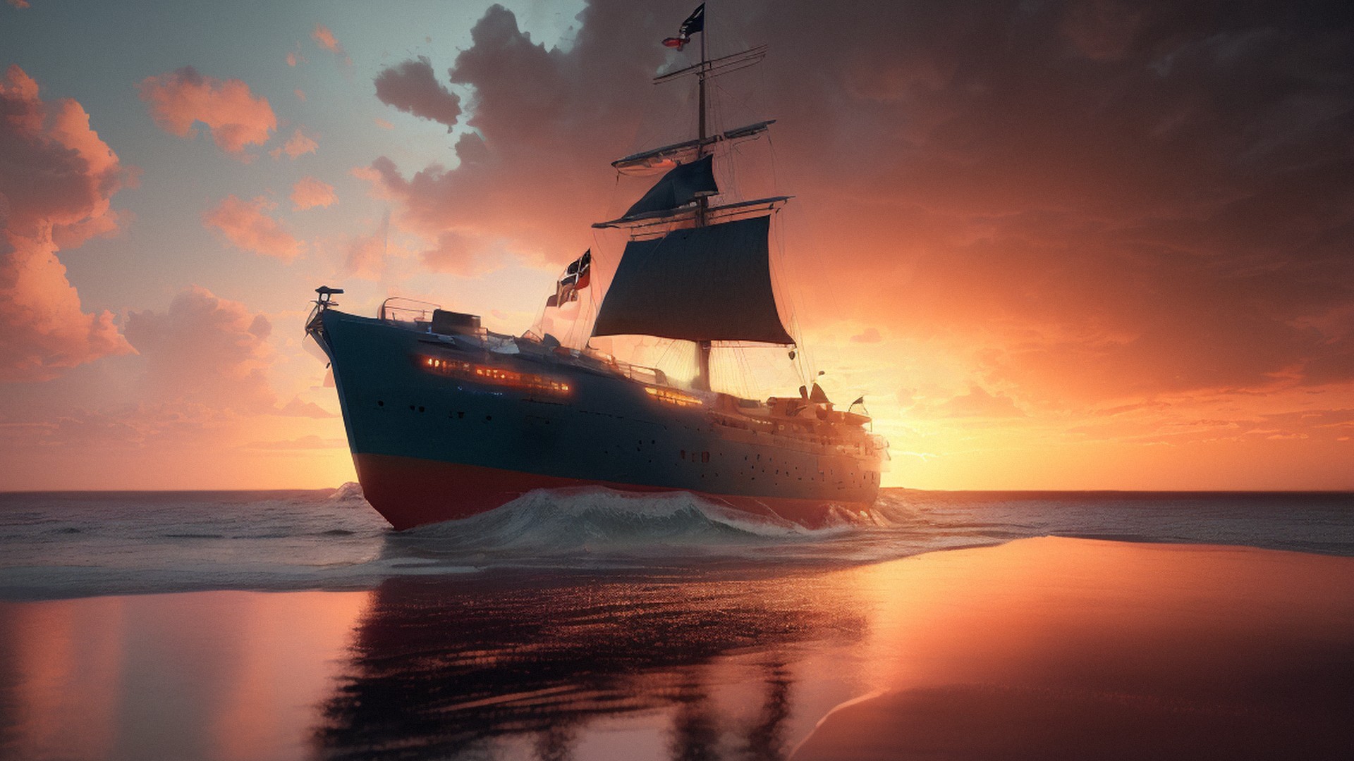 a large boat with the sunset on a beach, award winning shot, clouds, intricate details a_large_boat_with_the_sunset_on_a_beach,_award_winning_shot,_clouds,_intricate_details