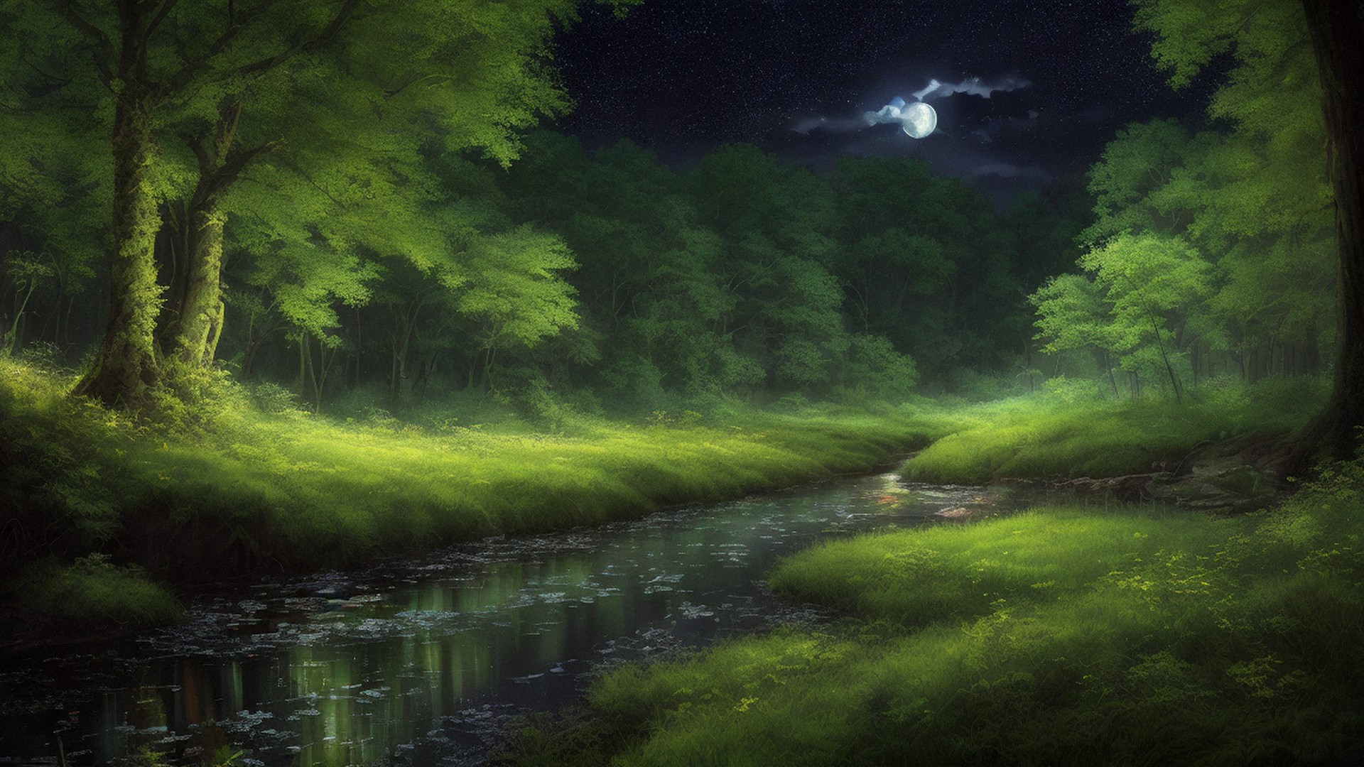 breathtaking painting of a brook and green forest with fireflies, thousands of fireflies around, visible moon, breathtaking clouds at dawn during the morning breathtaking_painting_of_a_brook_and_green_forest_with_fireflies,_thousands_of_fireflies_around,_visible_moon,_breathtaking_clouds_at_dawn_during_the_morning