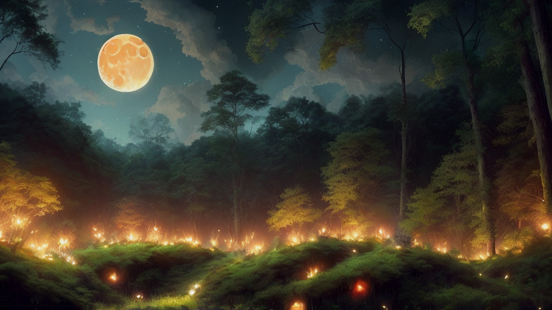 forest with fireflies, thousands of fireflies around, visible moon, breathtaking clouds at dawn during the morning _forest_with_fireflies,_thousands_of_fireflies_around,_visible_moon,_breathtaking_clouds_at_dawn_during_the_morning