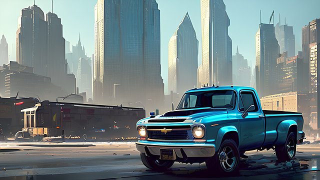  A glossy blue Chevy pickup truck  shimmering under the sunlight  is surrounded by a bustling urban cityscape with towering skyscrapers and a vibrant city life  evoking a feeling of sophistication and modernity  sleek lines and reflections  low-angle shot  rendered in a cyberpunk style by the Unreal Engine