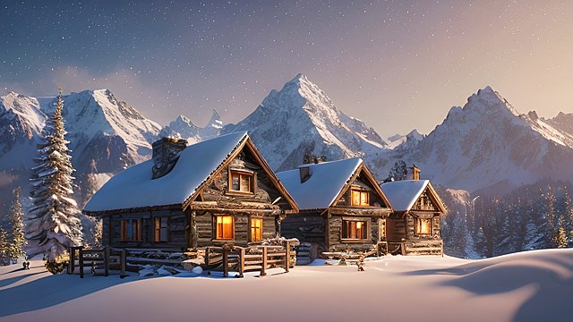 There are snow-capped mountains, stars, and a small house