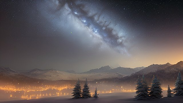 4k breathtaking photo of a night snowy landscape with a nebulae  colorful  intricate realistic details
