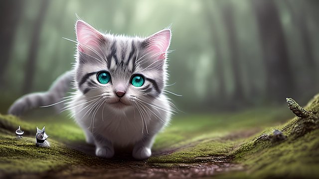 award winning photo of a mesmerizing small cat in a forest  intricate realistic details  amazing clouds