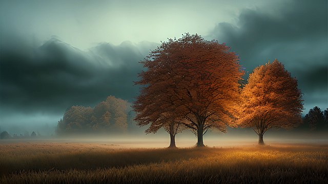 award winning night shot of a autumn countryside  high contrast  intricate realistic details  breathtaking clouds