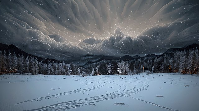award winning night shot of a snowy landscape  high contrast  intricate realistic details  breathtaking clouds