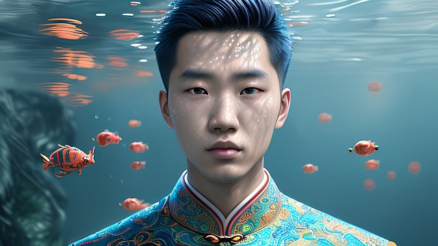breathtaking colorful portrait of a chinese boy thinking underwater, intricate details