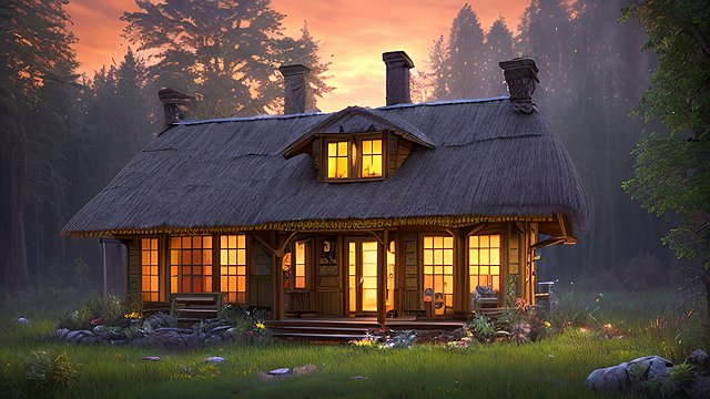 the most breathtaking award winning amazing 4k uhd detailed fascinating photo of a small russian cottage in a forest during sunset  intricate realistic details  dark orange shades