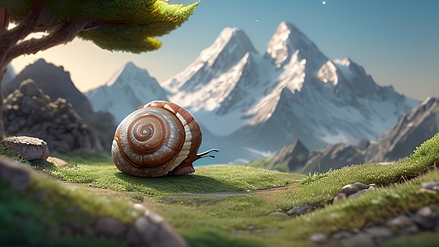 a cute little snail, amazing mountain background