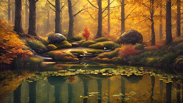 award winning shot of a cute little pond in a autumn forest, intricate realistic details, amazing atmosphere