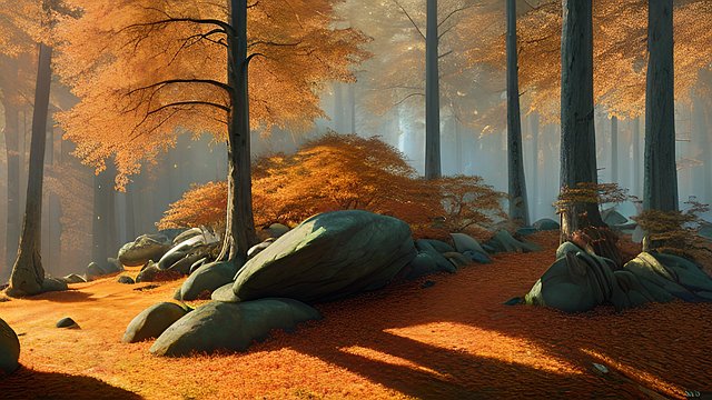 award winning photo of a small rock in a mesmerizing autumn forest scatter sun light  intricate realistic details  amazing clouds