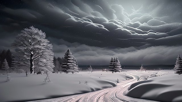 award winning night shot of a snowy landscape  high contrast  intricate realistic details  breathtaking clouds