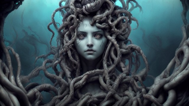 breathtaking photo of a creepy medusa in the deep sea, realistic, award winning shot, reflections, intricate details