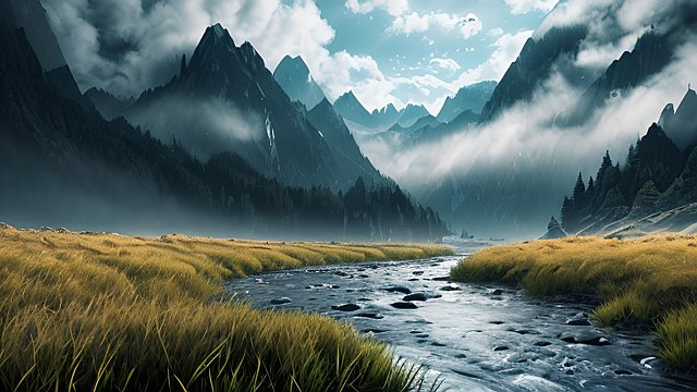 award winning high contrast mesmerizing photo of mountains and rivers, intricate realistic details, in a grass field, intricate realistic details, amazing clouds