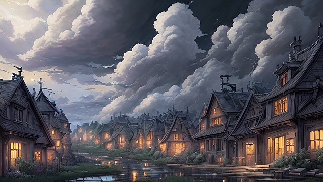 breathtaking anime painting of a dark village in an anime or manga style  manga  in the open with astonishing clouds