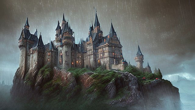 4k breathtaking painting of a castle  sad rain  intricate realistic details