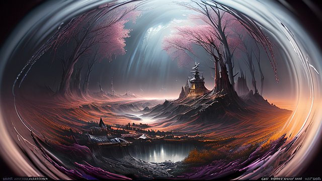 award winning painting of a mesmerizing dark fantasy landscape, fisheye lens, intricate realistic details, amazing atmosphere