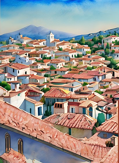beautiful painting of mediterranean roofs and countryside