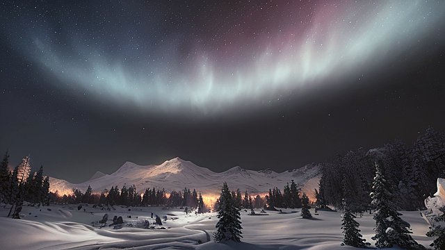 4k breathtaking night snowy landscape with a nebulae, intricate realistic details