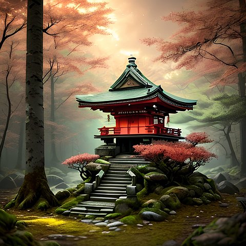 little shrine in a forest, japan, award winning painting