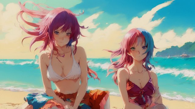 anime girl on a beach, colorful hairs, anime drawing, anime manga style