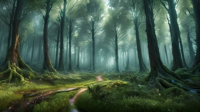 award winning photo of a mesmerizing forest  intricate realistic details  amazing clouds