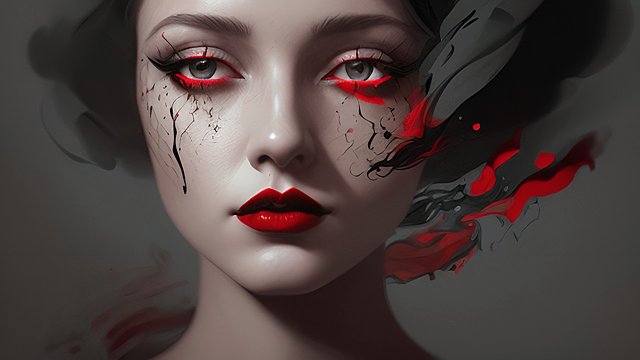 portrait of a woman in a dark cloud, black ink, red lips, intricate details