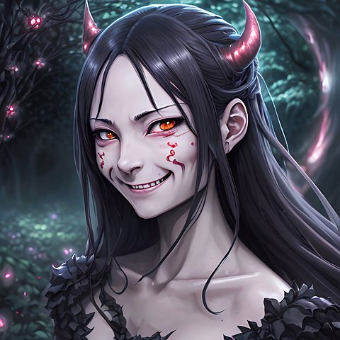 smiling anime demon face, dark hairs, in a dark garden, anime drawing, anime