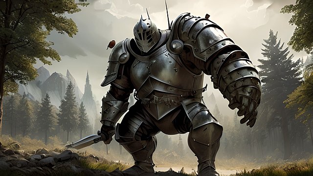 a gigantic soldier with a medieval armor  amazing trees landscape background