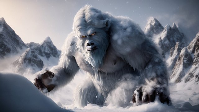 4k breathtaking photo of a yeti in snowy mountains, intricate realistic details