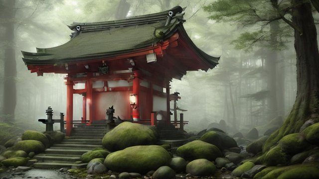 little shrine in a forest  japan  award winning painting