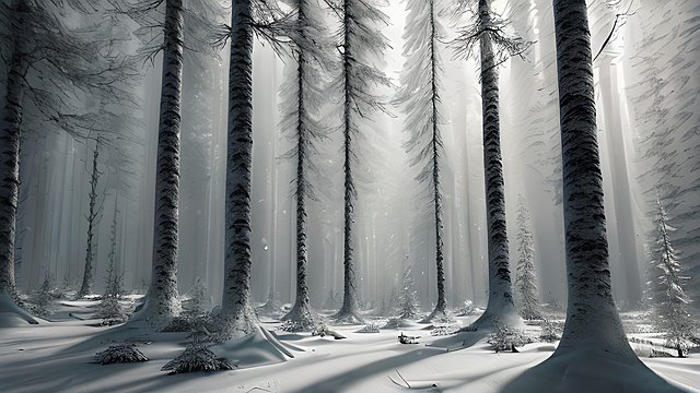 award winning ultrabreathtaking photo of a snowy forest with scatter sun light, intricate realistic details, amazing atmosphere
