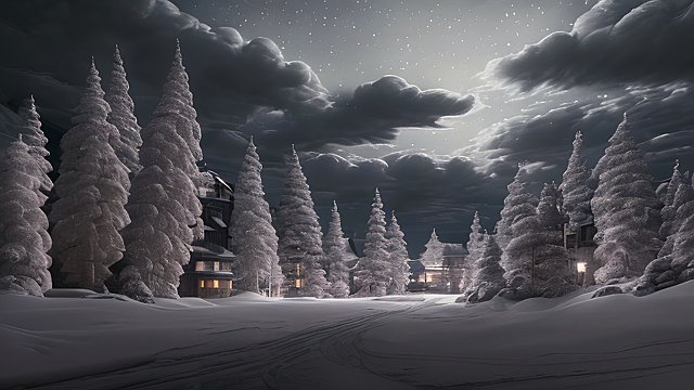 award winning night shot of a snowy landscape, high contrast, intricate realistic details, breathtaking clouds