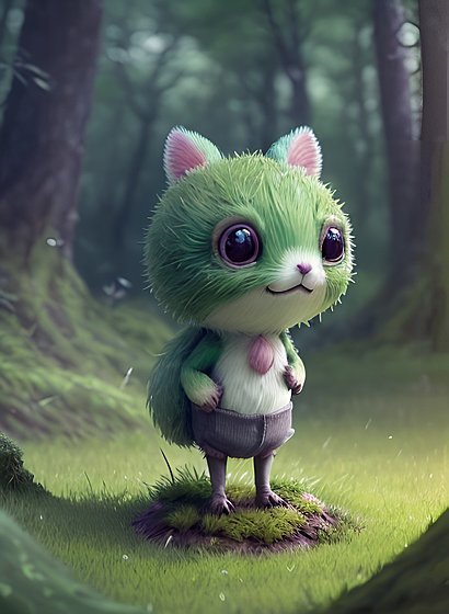 a cute little whimsical creature in grass  in a forest