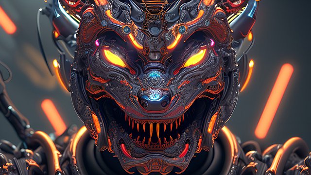 robotic demon, intricate details, portrait, colorful