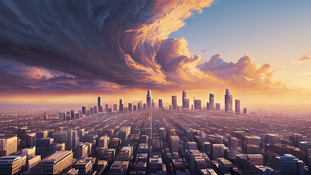 award winning painting of los angeles, intricate realistic details, amazing clouds