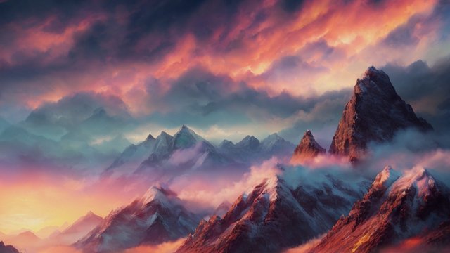 realistic photo of a moutain, colorful clouds, sunset