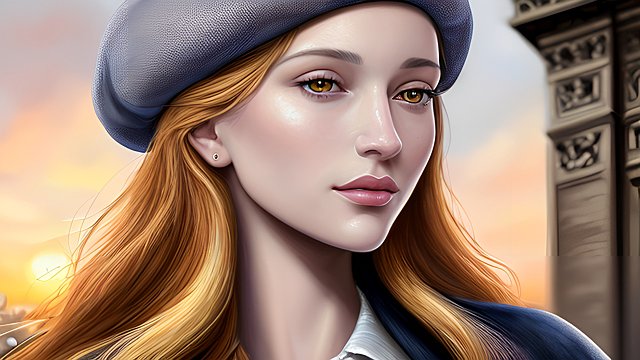 painting of a french woman wearing a beret in Paris