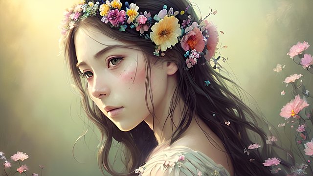 A portrait of a stunning, beautiful woman with flowers in her hair